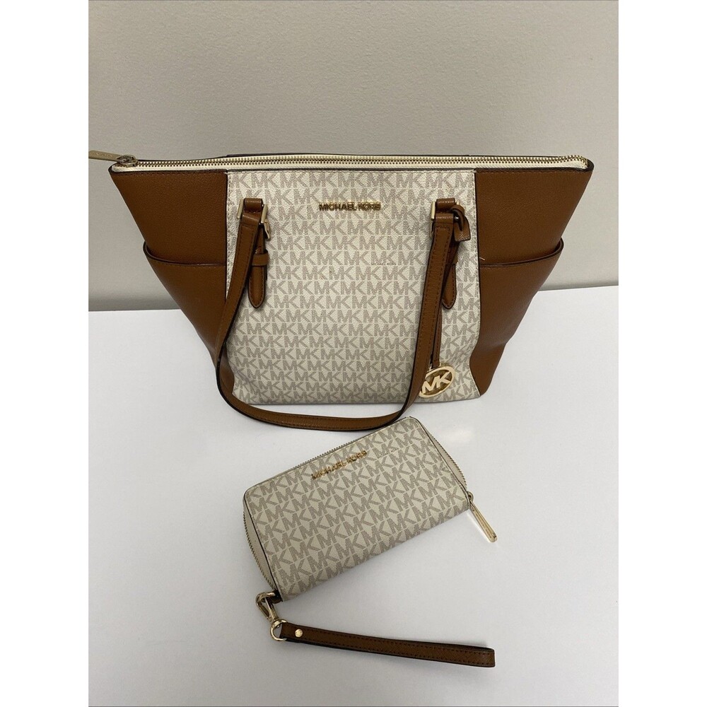 Michael Kors Jet Set Travel Tote &  Wallet Vanilla MK Signature Brown READ